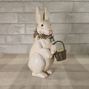 Easter Bunny Rabbit White Resin Figurine Statue w/ Real Wicker Egg Basket